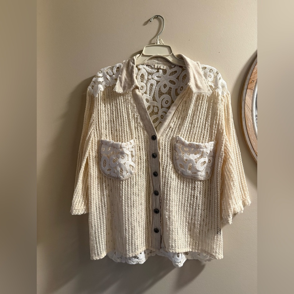 POL Cream Lace-Trim Button Down Top